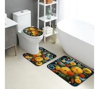 Lot de 3 tapis de salle de bain d'automne en mousse à mémoire de forme, absorbants, antidérapants, lavables, en forme de U, à séchage rapide, motif floral jaune vif