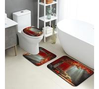 Lot de 3 tapis de salle de bain d'automne en mousse à mémoire de forme de feuilles de grange rustiques, absorbants, antidérapants, lavables en forme de U, récolte d'automne