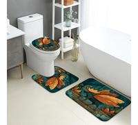 Lot de 3 tapis de salle de bain d'automne - Tapis de toilette absorbants, antidérapants et lavables en forme de U, inspirés de la nature - En flanelle à séchage rapide - Vert feuille et orange