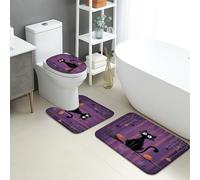 Lot de 3 tapis de salle de bain d'Halloween en flanelle, absorbants, antidérapants, lavables, en forme de U, à séchage rapide, motif chat, sorcière, balai