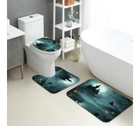 Lot de 3 tapis de salle de bain d'Halloween en mousse à mémoire de forme, motif maison hantée effrayante, sorcière, balai, tapis de toilette en forme de U, lavable et à séchage rapide