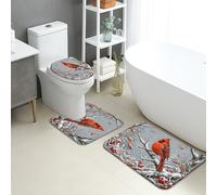 Lot de 3 tapis de salle de bain d'hiver, tapis de toilette absorbants, antidérapants, lavables en forme de U, motif oiseau cardinal, rouge et gris