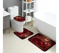 Lot de 3 tapis de salle de bain élégants en flanelle, tapis de toilette absorbants, antidérapants, lavables, en forme de U, motif floral et pierre précieuse rouge, bijou romantique, à séchage rapide