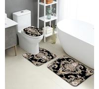 Lot de 3 tapis de salle de bain élégants, style vintage floral, baroque, absorbant, antidérapant, lavable en forme de U, décoration classique, en flanelle, séchage rapide
