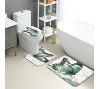 Lot de 3 tapis de salle de bain en flanelle, motif papillon, élégant, vert, absorbant, antidérapant, lavable en forme de U, motif floral printanier, séchage rapide