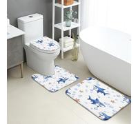 Lot de 3 tapis de salle de bain en flanelle, motif requin mignon et étoile de mer, tapis de toilette absorbant, antidérapant, lavable en forme de U, séchage rapide