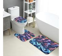 Lot de 3 tapis de salle de bain en flanelle, motif vagues sous-marines, absorbants, antidérapants, lavables, en forme de U, motif créatures océaniques, à séchage rapide