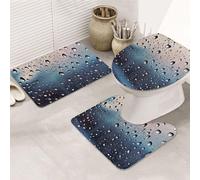 Lot de 3 tapis de salle de bain en forme de U avec motif gouttes de pluie sur verre, tapis de bain antidérapant en microfibre + tapis de couvercle de toilette, tapis de bain doux et absorbant pour