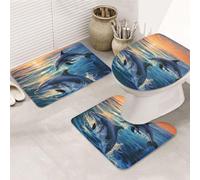 Lot de 3 tapis de salle de bain en forme de U - Tapis de bain antidérapant en microfibre + couvercle de toilette doux et absorbant - Motif dauphins dans la mer