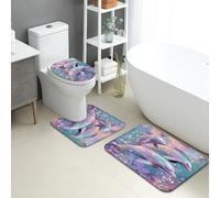Lot de 3 tapis de salle de bain en mousse à mémoire de forme, absorbants, antidérapants et lavables, en forme de dauphin, bleu océan, à séchage rapide