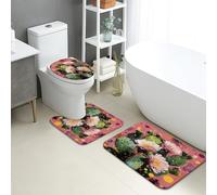 Lot de 3 tapis de salle de bain en mousse à mémoire de forme, lavables en forme de U, motif cactus floral, tapis de toilette en mousse à mémoire de forme, motif fleur de pêcher vif