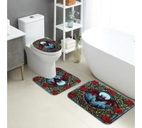 Lot de 3 tapis de salle de bain gothiques, absorbants, antidérapants, lavables en forme de U, motif rose vitrail, motif floral d'automne