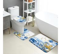 Lot de 3 tapis de salle de bain motif océan abstrait, bleu, doré, hexagonal, absorbant, antidérapant, lavable en forme de U
