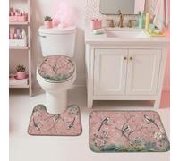Lot de 3 tapis de salle de bain motif oiseau, fleurs vintage, branche de fleurs, printemps, pêche, tapis de salle de bain, tapis de salle de bain pour décoration de sol de douche, toilettes