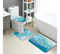Lot de 3 tapis de salle de bain motif vagues de l'océan - Tapis de toilette antidérapant en forme de U - Lavables - En flanelle - Séchage rapide - Bleu turquoise