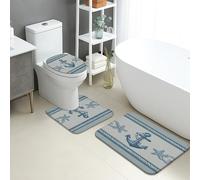 Lot de 3 tapis de salle de bain nautique en mousse à mémoire de forme, absorbants, antidérapants, lavables, à séchage rapide, motif ancres et étoiles de mer, bleu océan