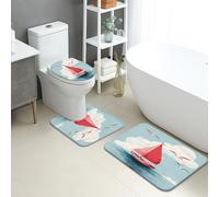 Lot de 3 tapis de salle de bain nautiques, tapis de toilette absorbants, antidérapants, lavables, en flanelle, à séchage rapide, motif voilier rouge, vagues de l'océan