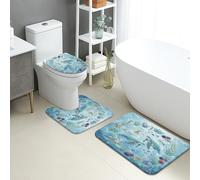 Lot de 3 tapis de salle de bain océan, tapis de toilette absorbants, antidérapants et lavables en forme de U, motif créatures tropicales, bleu marine côtier, à séchage rapide