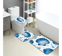 Lot de 3 tapis de salle de bain océan, tapis de toilette absorbants, antidérapants, lavables, en flanelle, à séchage rapide, motif coquillages, vagues, bleu