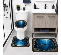 Lot de 3 tapis de salle de bain réalistes en 3D avec motif requin | Scène océanique 3D, tapis de douche, WC, thème de la vie marine, visuel de la mer profonde, accents de sol de salle de bain