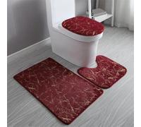 Lot de 3 tapis de salle de bain souples avec tapis contour en forme de U et couvercle de WC, antidérapant, lavable, absorbant, en polyester, noir, doré, rouge vin, trois ensembles de métal