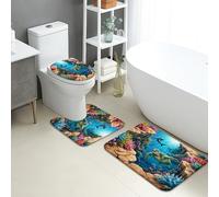Lot de 3 tapis de salle de bain sur le thème de l'océan, tapis de toilette absorbants et antidérapants en forme de U, lavables en flanelle, à séchage rapide, corail marin