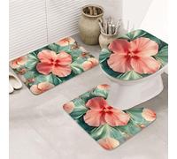 Lot de 3 tapis de salle de bain symétriques à imprimé grandes fleurs rouges - Tapis de bain + tapis contour + housse pour abattant de toilettes, lavable en machine - Microfibre douce antidérapante