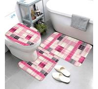 Lot de 3 tapis de salle de bain tendance à motif écossais rose - Tapis de bain absorbant, antidérapant et lavable, housse pour abattant de toilette en forme de U, tapis de contour doux, tapis de