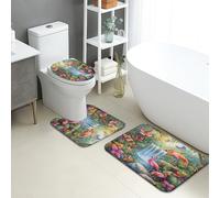 Lot de 3 tapis de salle de bain tropicaux colorés, motif oiseau tropical, cascade, tapis de toilette absorbant, antidérapant, lavable en forme de U, motif floral d'été, tapis de salle de bain en