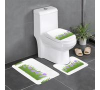 Lot de 3 tapis de sol antidérapants pour salle de bain - Tapis ovale et rectangulaire pour toilettes, meuble-lavabo et toilettes - Motif fleurs violettes sur l'herbe - 61 x 40,6 cm