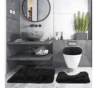 Lot de 3 Tapis Salle de Bain Doux et Absorbants Antidérapants Tapis de Toilette WC Contour Séchage Rapide Lavable en Machine (Noir)