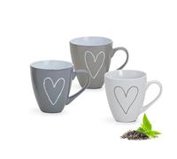 Lot de 3 tasses à café Jumbo - Style maison de campagne - Cœur blanc, gris, beige - Grandes tasses XXL de 400 ml - En céramique - Pour thé, café, cappuccino - Beau cadeau - Passe au lave-vaisselle et