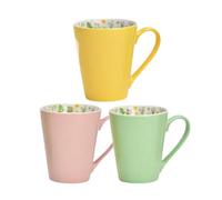 Lot de 3 tasses de printemps en porcelaine - Couleurs pastel - Intérieur avec motif floral - Rose jaune vert - Idée cadeau Pâques - 13 x 12 x 9 cm - 380 ml (3, rose, jaune et vert, lot de 3 tasses à