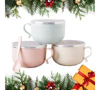 Lot de 3 tasses rondes de 750 ml avec couvercles, tasses rondes avec poignées et cuillère pour café, soupes (3 pièces-A)