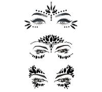 Lot de 3 tatouages pour le visagepierres, scintillantes autocollantes pour le visage - Strass autocollants - Tatouages temporaires pour carnaval, fête, Halloween, Noël, anniversaire, maquillage (noir)