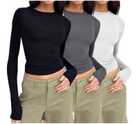 Lot de 3 Tee Shirt Femme à Manches Longues Tops Slim Vetement Hip Hop Haut Décontracté Y2K Crop Top Chic Et Élégant Shirts Élasticité Tunique Streetwear Basique T- Shirts Outlet France Noir S