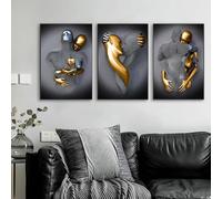 Lot de 3 toiles Affiche abstrait noir gris or romantique statue amour baiser câlin coeur figure moderne mural Art impressions cadeau chambre Salon Dortoir Galerie Couloir Décor Image, 50x70 CM (19.7x2