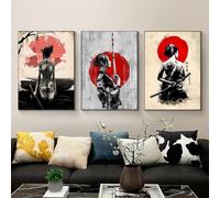 Lot de 3 toiles Affiche Culture Japonaise Femmes Geisha Samouraï Katana Kimono Beige Gris Impression Murale Art Chambre Cadeau Salon Dortoir Galerie Couloir Décoration images,50x70 CM (19.7x27.6 In)