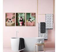 Lot de 3 toiles Affiche Drôle Salle de Bain Noir Chat Rose Vert Toilette Oeuvre Plante Tropicale Feuilles Impression Murale Art Chambre Cadeau Salon Dortoir Galerie Couloir Décoration images,A3 (30X42