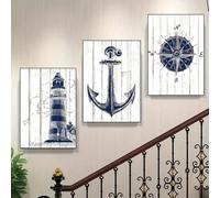 Lot de 3 toiles Affiche rétro abstrait thème nautique phare ancre boussole côtier bleu blanc mural impressions d’art cadeau chambre Salon Dortoir Galerie Couloir Décor Image, 40x60 CM (15.8x23.6 in)