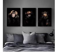 Lot de 3 toiles d'art mural 40x 50 cm Motif trois - singes de sagesse Cadeau - pour maison moderne,bureau,salon,sans cadre