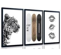 Lot de 3 toiles d'art mural de style sans cadre - Impression léopard et lèvres noir et blanc - Décoration murale esthétique Preppy guépard pour chambre de fille, appartement ou dortoir - 20,3 x 30,5