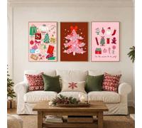Lot de 3 toiles décoratives minimalistes et mignonnes pour Noël, style moderne, roses, avec des affiches de Noël de style dessin animé pour le salon (50 x 70 cm x 3 / sans cadre)