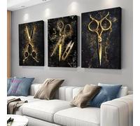Lot de 3 toiles décoratives modernes sur le thème du barbier et du tailleur - Motif ciseaux noirs et dorés, pour salons de coiffure et barbershops (60 x 80 cm x 3 / Sans cadre)