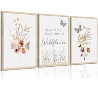 Lot de 3 toiles murales aquarelles avec fleurs dans un champ de roses « She Is A Wildflower » - Décoration murale bohème pour salon, chambre à coucher, décoration d'intérieur - 30,5 x 40,6 cm
