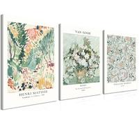 Lot de 3 toiles murales encadrées vert sauge vintage Matisse botanique esthétique - Décoration murale abstraite de Van Gogh pour chambre à coucher, salon - 40,6 x 61 cm