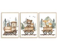 Lot de 3 toiles murales pour chambre d'enfant - Décoration murale sans cadre - Motif : renard, ours, cerf, lapin, hibou - Sans cadre - 20,3 x 30,5 cm