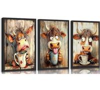 Lot de 3 toiles sans cadre - Vache amusante - Humour - Vache qui boit du café - Décoration murale pour salon, chambre à coucher - 30,5 x 45,7 cm