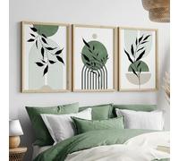 Lot de 3 toiles sur toile Affiche Bohème Vert Géométrique Minimaliste Plantes Feuille Lignes Abstraites Triptyque Art Mural Cadeau Chambre Salon Dortoir Galerie Couloir Décor Impressions Photos, 50x70