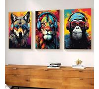 Lot de 3 toiles sur toile Affiche Gaming Animal Graffiti Casques Lunettes de soleil Gorille Lions Loup Cool Gamer Adolescents Garçons Coloré Art mural Cadeau Chambre Salon Dortoir Galerie Couloir Déco
